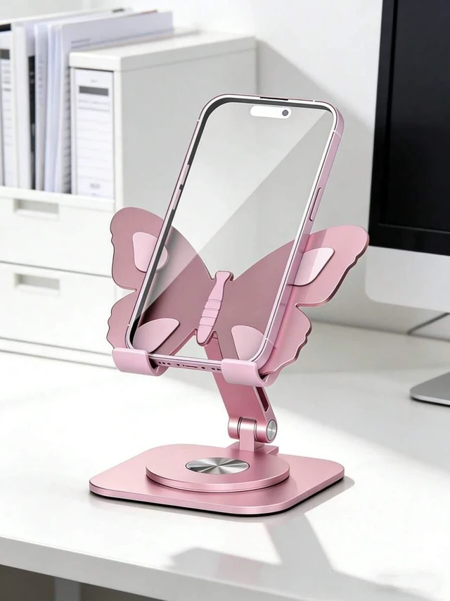 Alt view image 2 of 7 - Bks Butterfly Aluminum Alloy Phone Stand, 360 Adjustable Foldable Desktop Holder - Universal Portable Compatible With iPhone Smartphones Tablets Decorative Home Office Desk Accessory
