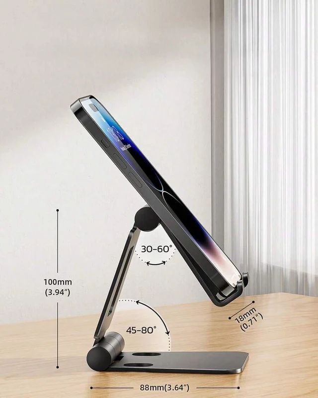 Alt view image 3 of 7 - Bks Alloy Luxury Black Metal Adjustable Phone Stand, Premium Aluminum Foldable Desktop Holder In Black, Silver, Gold, Rose Gold With Dual-Hinge Design For Phones, Tablets Spring Gift