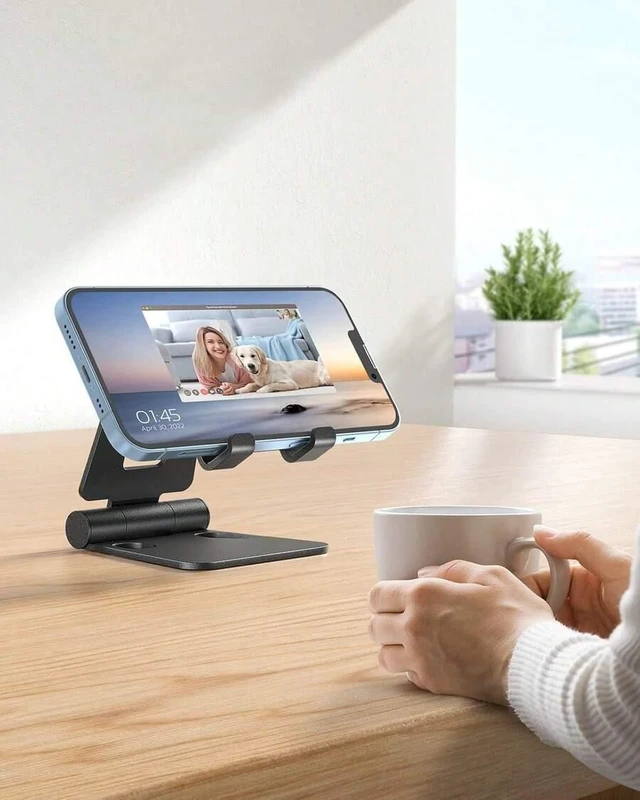 Alt view image 4 of 7 - Bks Alloy Luxury Black Metal Adjustable Phone Stand, Premium Aluminum Foldable Desktop Holder In Black, Silver, Gold, Rose Gold With Dual-Hinge Design For Phones, Tablets Spring Gift