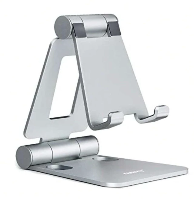Main image of Bks Dual Folding Cell Phone Stand, Fully Adjustable Foldable Desktop Phone Holder Cradle Dock Compatible With IPhone 17 16 15 14 13 12 11 Pro Max Xs Xr X 8 All Phones Silver
