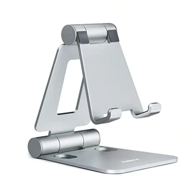 Alt view image 4 of 7 - Bks Dual Folding Cell Phone Stand, Fully Adjustable Foldable Desktop Phone Holder Cradle Dock Compatible With IPhone 17 16 15 14 13 12 11 Pro Max Xs Xr X 8 All Phones Silver