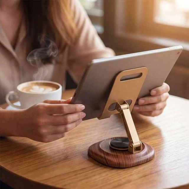 Main image of Bks 360 Rotatable Metal Phone Stand With Wooden Grain Base Foldable Adjustable Hollow Design Heat Dissipation For Phones Tablets Desktop Holder