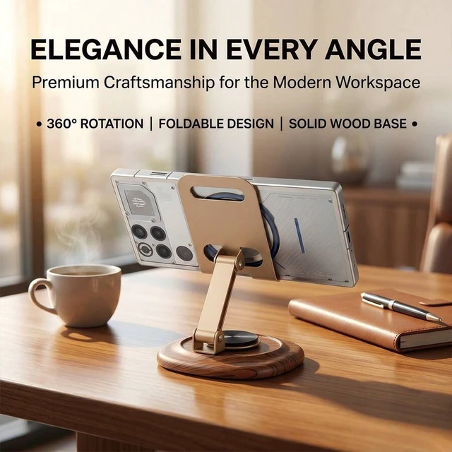 Alt view image 7 of 7 - Bks 360 Rotatable Metal Phone Stand With Wooden Grain Base Foldable Adjustable Hollow Design Heat Dissipation For Phones Tablets Desktop Holder