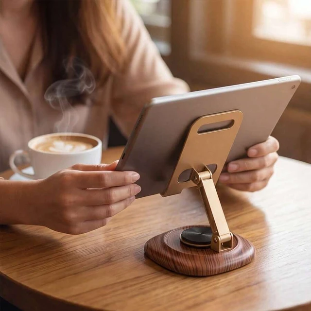 Alt view image 2 of 7 - Bks 360 Rotatable Metal Phone Stand With Wooden Grain Base Foldable Adjustable Hollow Design Heat Dissipation For Phones Tablets Desktop Holder