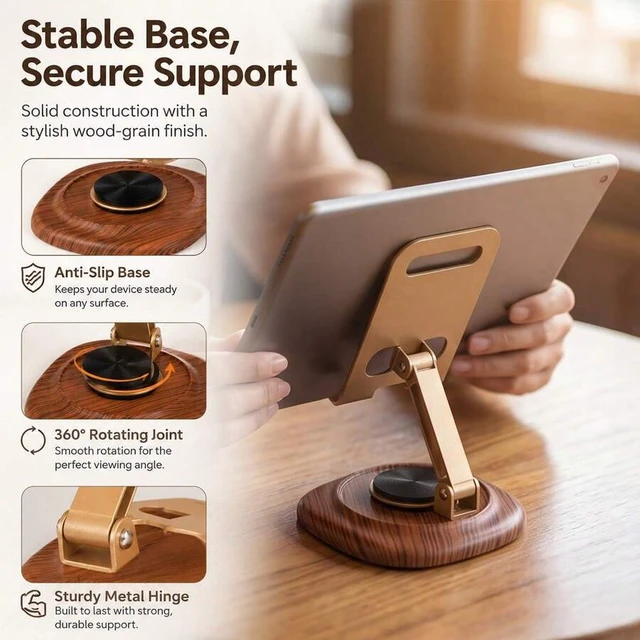 Alt view image 4 of 7 - Bks 360 Rotatable Metal Phone Stand With Wooden Grain Base Foldable Adjustable Hollow Design Heat Dissipation For Phones Tablets Desktop Holder