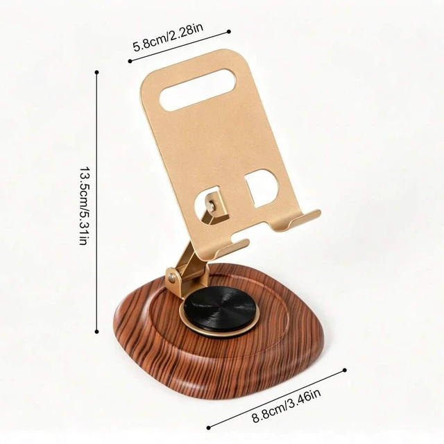 Alt view image 3 of 7 - Bks 360 Rotatable Metal Phone Stand With Wooden Grain Base Foldable Adjustable Hollow Design Heat Dissipation For Phones Tablets Desktop Holder