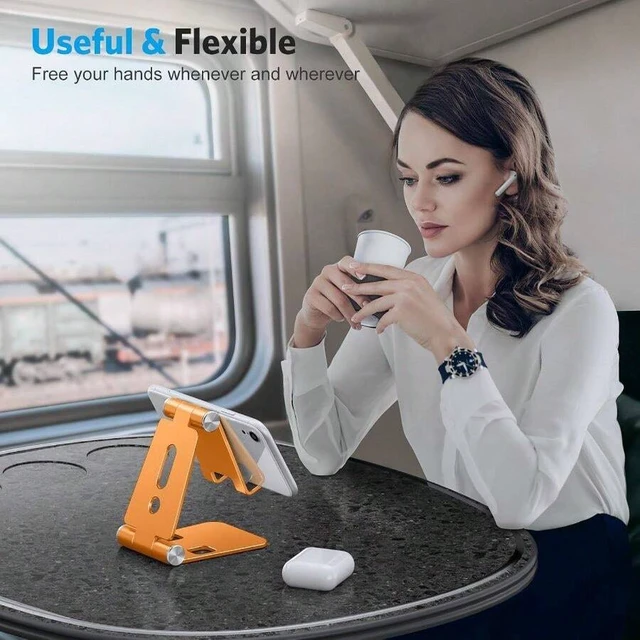 Alt view image 5 of 6 - Bks Foldable Aluminum Phone Stand Portable Adjustable Dock Cradle Compatible With iPhone 17 16 15 Pro Small Tablets Orange