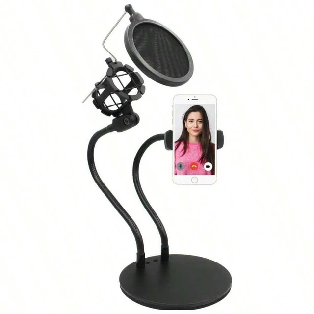 Main image of Bks Gooseneck Mic Arm With Phone Holder Pop Filter 360 Rotating Stand Desk Mount For Streaming Recording Compatible iPhone Android