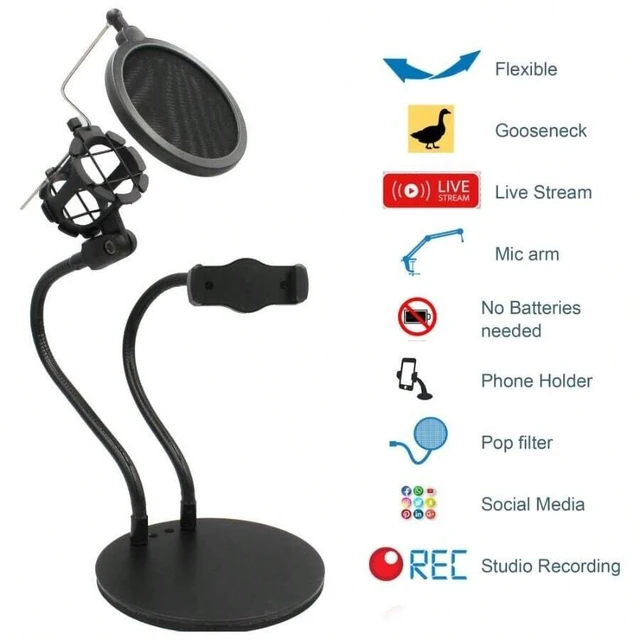 Alt view image 2 of 6 - Bks Gooseneck Mic Arm With Phone Holder Pop Filter 360 Rotating Stand Desk Mount For Streaming Recording Compatible iPhone Android