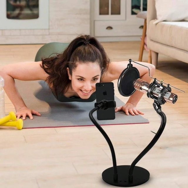 Alt view image 4 of 6 - Bks Gooseneck Mic Arm With Phone Holder Pop Filter 360 Rotating Stand Desk Mount For Streaming Recording Compatible iPhone Android