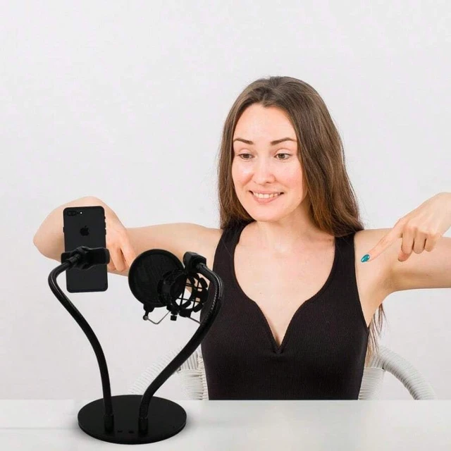 Alt view image 6 of 6 - Bks Gooseneck Mic Arm With Phone Holder Pop Filter 360 Rotating Stand Desk Mount For Streaming Recording Compatible iPhone Android