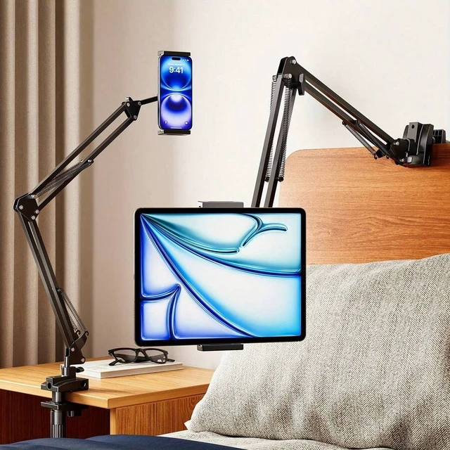 Alt view image 4 of 7 - Bks Adjustable Cantilever Phone Stand Robot Arm Mobile Phone Tablet Stand, Newly Upgraded Pro Model ABS + Carbon Steel, Supports 360 Rotation 180 Folding Easy-To-Mount Suitable For Most Mobile Phones