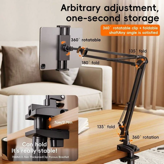 Alt view image 5 of 7 - Bks Adjustable Cantilever Phone Stand Robot Arm Mobile Phone Tablet Stand, Newly Upgraded Pro Model ABS + Carbon Steel, Supports 360 Rotation 180 Folding Easy-To-Mount Suitable For Most Mobile Phones