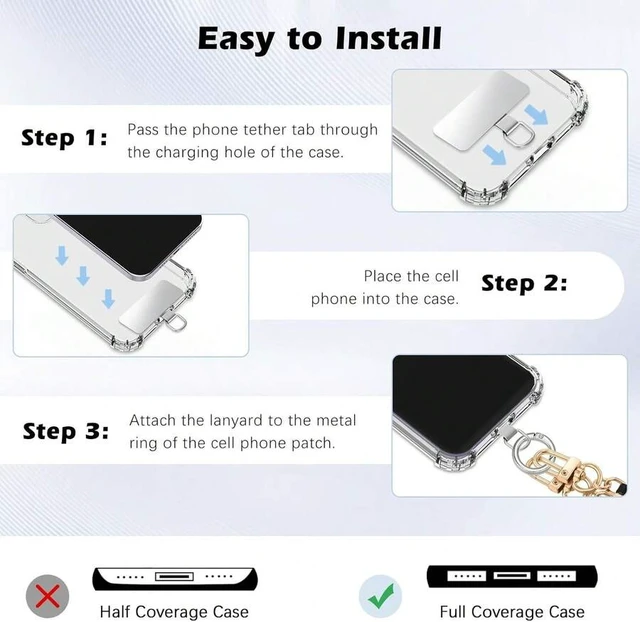 Alt view image 5 of 7 - Bks 2pcs Stainless Steel Phone Tether Tabs with Spring Rings for Full Coverage Cases, Silver
