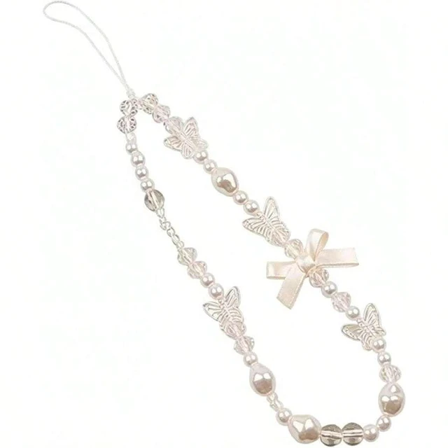 Alt view image 2 of 7 - Bks White Phone Lanyard Universal Wrist Strap Anti Lost Chain Keyring Charm with Bow Pearl Beads