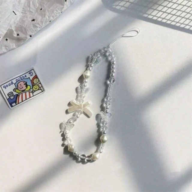 Alt view image 5 of 7 - Bks White Phone Lanyard Universal Wrist Strap Anti Lost Chain Keyring Charm with Bow Pearl Beads