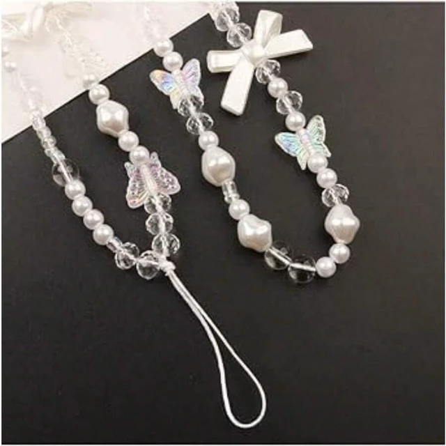 Alt view image 6 of 7 - Bks White Phone Lanyard Universal Wrist Strap Anti Lost Chain Keyring Charm with Bow Pearl Beads