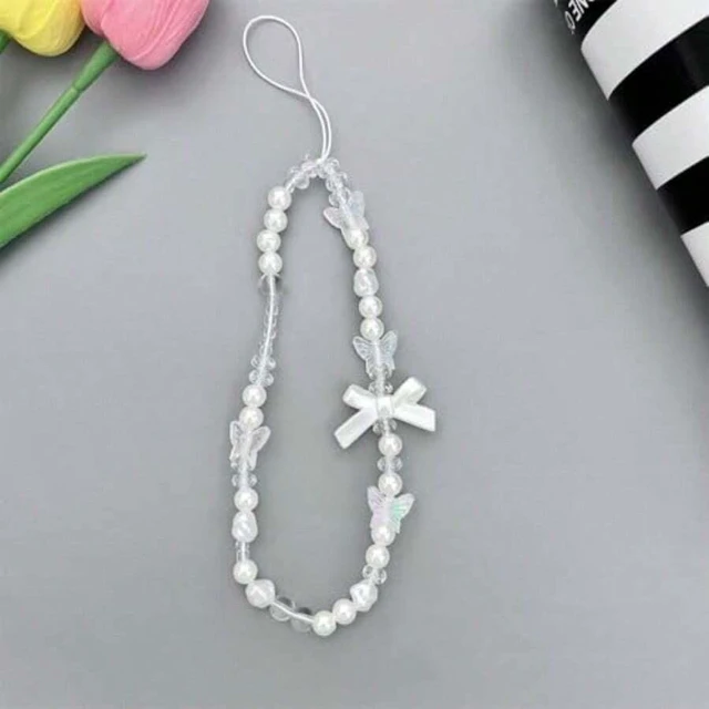 Alt view image 3 of 7 - Bks White Phone Lanyard Universal Wrist Strap Anti Lost Chain Keyring Charm with Bow Pearl Beads