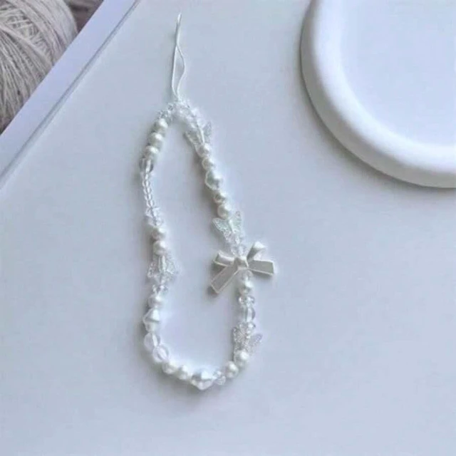 Alt view image 4 of 7 - Bks White Phone Lanyard Universal Wrist Strap Anti Lost Chain Keyring Charm with Bow Pearl Beads