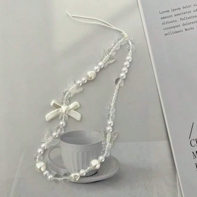 Alt view image 7 of 7 - Bks White Phone Lanyard Universal Wrist Strap Anti Lost Chain Keyring Charm with Bow Pearl Beads