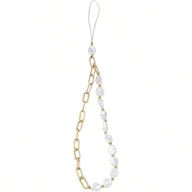 Main image of Bks Pearl Beaded Phone Lanyard Metal Chain Wrist Strap Anti Lost Keychain Universal Smartphone Accessory
