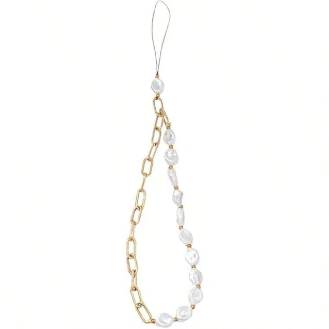 Alt view image 2 of 7 - Bks Pearl Beaded Phone Lanyard Metal Chain Wrist Strap Anti Lost Keychain Universal Smartphone Accessory