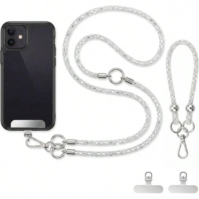 Main image of Bks Phone Lanyard Crossbody Wrist Strap Set Silver Rhinestone Anti-Lost Handsfree Charm for iPhone 17 Pro