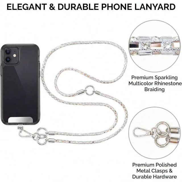Alt view image 5 of 7 - Bks Phone Lanyard Crossbody Wrist Strap Set Silver Rhinestone Anti-Lost Handsfree Charm for iPhone 17 Pro
