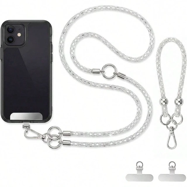 Alt view image 2 of 7 - Bks Phone Lanyard Crossbody Wrist Strap Set Silver Rhinestone Anti-Lost Handsfree Charm for iPhone 17 Pro
