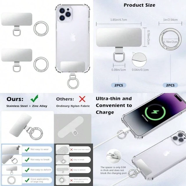 Alt view image 2 of 7 - Bks 2pcs Stainless Steel Phone Tether Tabs with Spring Rings for Full Coverage Cases Silver