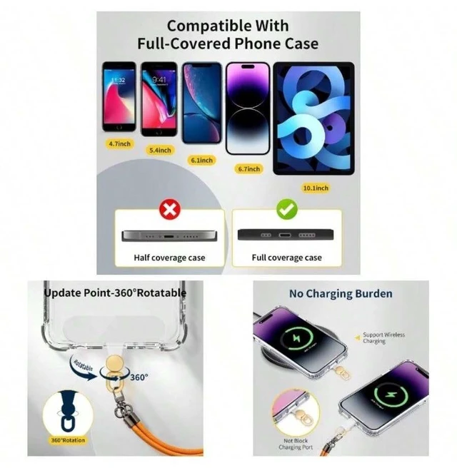 Main image of Bks 360 Rotatable Phone Tether Tab, 3 Pack Universal Lanyard Patch Without Adhesive for Cell Phone Case Transparent