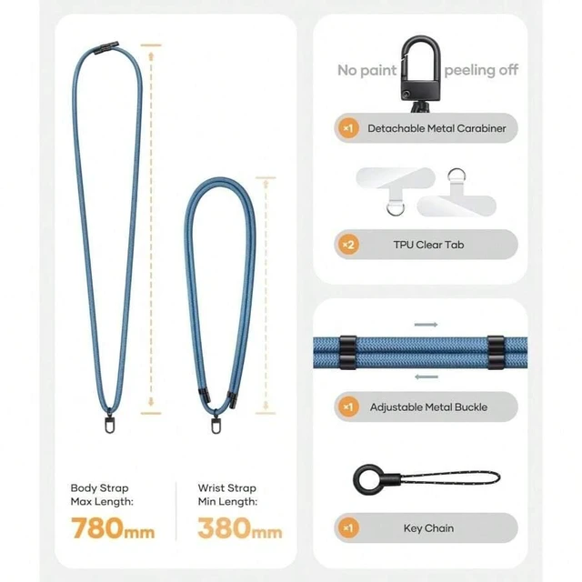 Alt view image 7 of 7 - Bks Blue TPU Phone Lanyard Crossbody Strap with Metal Buckles Adjustable Neck Chain for Smartphones