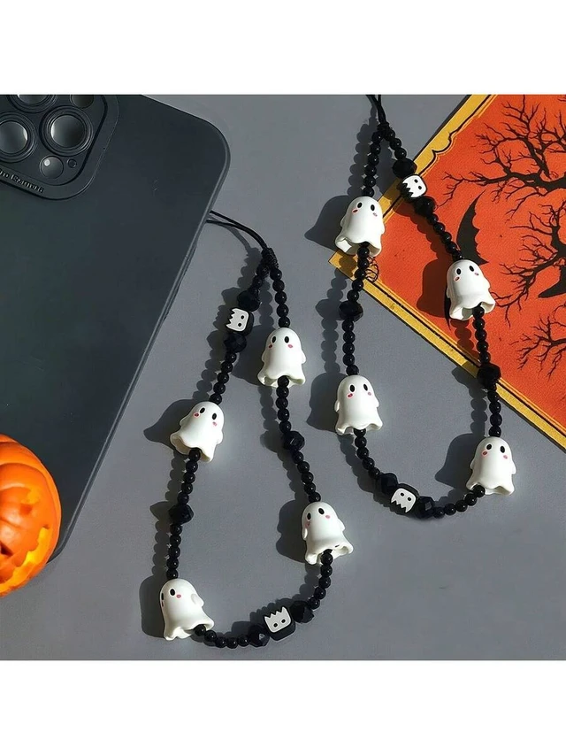 Alt view image 2 of 7 - Bks Black And White Crystal Bead Ghost Phone Lanyard Adjustable Strap For Smartphones Tablets Halloween Party Gift