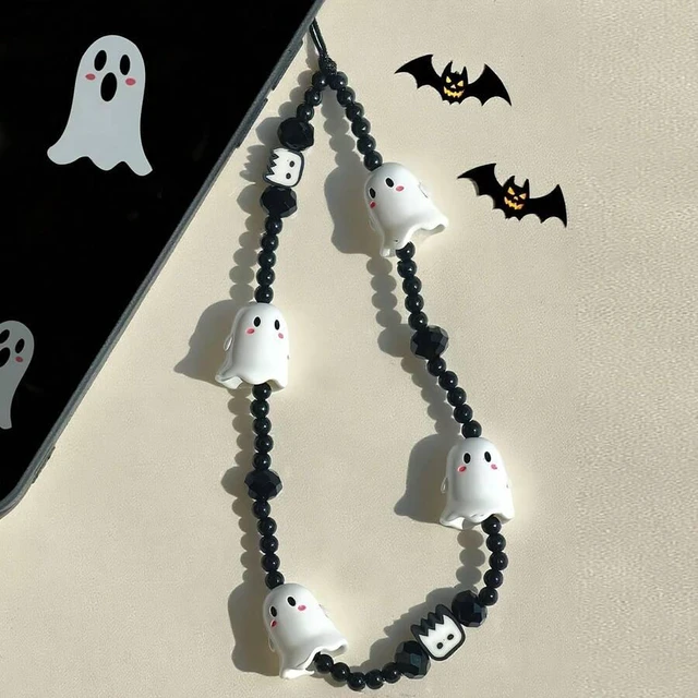 Main image of Bks Black And White Crystal Bead Ghost Phone Lanyard Adjustable Strap For Smartphones Tablets Halloween Party Gift