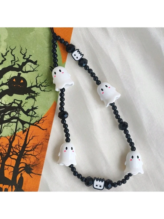 Alt view image 3 of 7 - Bks Black And White Crystal Bead Ghost Phone Lanyard Adjustable Strap For Smartphones Tablets Halloween Party Gift