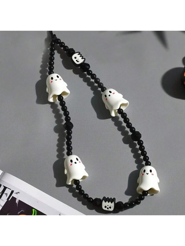 Alt view image 4 of 7 - Bks Black And White Crystal Bead Ghost Phone Lanyard Adjustable Strap For Smartphones Tablets Halloween Party Gift