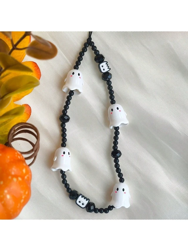 Alt view image 5 of 7 - Bks Black And White Crystal Bead Ghost Phone Lanyard Adjustable Strap For Smartphones Tablets Halloween Party Gift