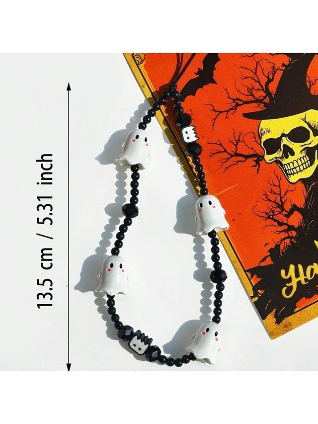 Alt view image 6 of 7 - Bks Black And White Crystal Bead Ghost Phone Lanyard Adjustable Strap For Smartphones Tablets Halloween Party Gift