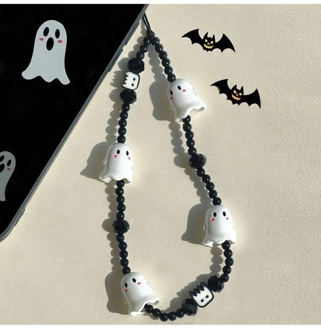 Alt view image 7 of 7 - Bks Black And White Crystal Bead Ghost Phone Lanyard Adjustable Strap For Smartphones Tablets Halloween Party Gift
