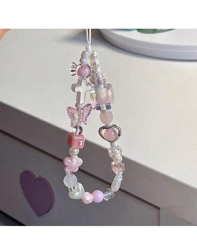 Main image of Bks Soft Pink Sakura Flower Metal Heart CCD Camera Wrist Strap DIY Beaded Phone Lanyard Case Charm