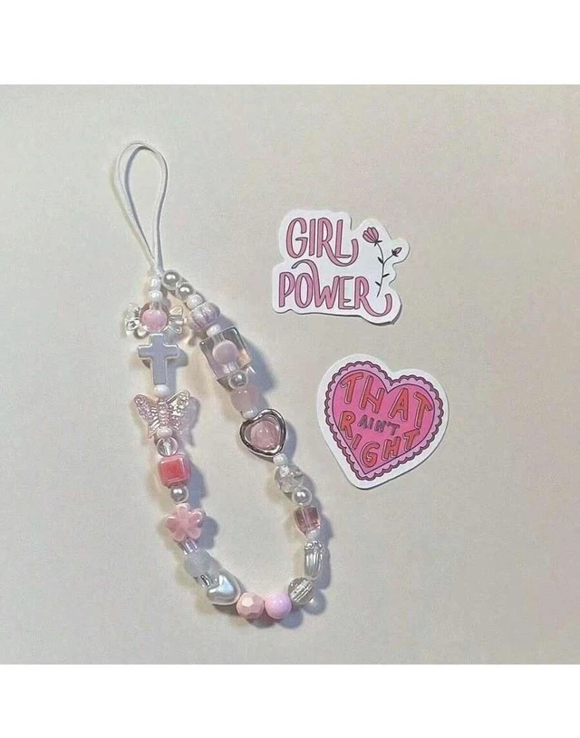 Alt view image 2 of 3 - Bks Soft Pink Sakura Flower Metal Heart CCD Camera Wrist Strap DIY Beaded Phone Lanyard Case Charm