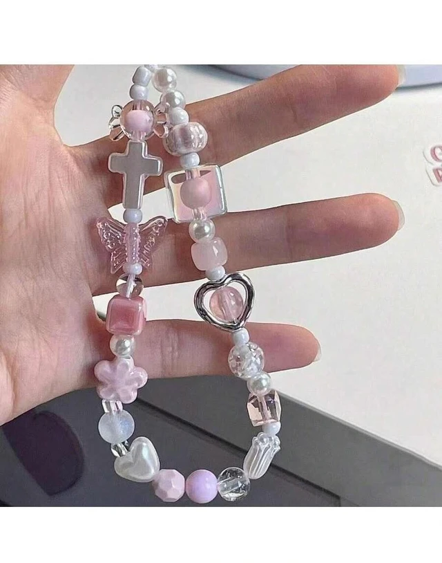 Alt view image 3 of 3 - Bks Soft Pink Sakura Flower Metal Heart CCD Camera Wrist Strap DIY Beaded Phone Lanyard Case Charm