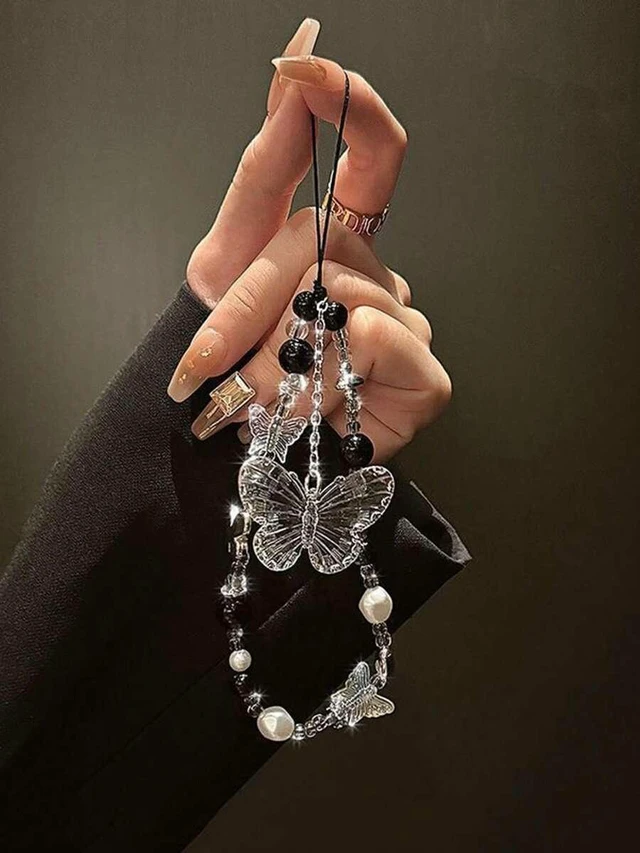 Alt view image 2 of 5 - Bks Black Agate Butterfly Crystal Phone Lanyard Faux Pearl Chain Anti-Lost Keychain Strap Compatible With Android iPhone Smartphone