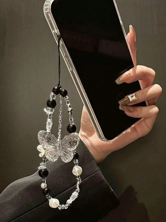 Alt view image 3 of 5 - Bks Black Agate Butterfly Crystal Phone Lanyard Faux Pearl Chain Anti-Lost Keychain Strap Compatible With Android iPhone Smartphone
