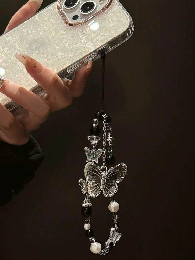 Alt view image 4 of 5 - Bks Black Agate Butterfly Crystal Phone Lanyard Faux Pearl Chain Anti-Lost Keychain Strap Compatible With Android iPhone Smartphone