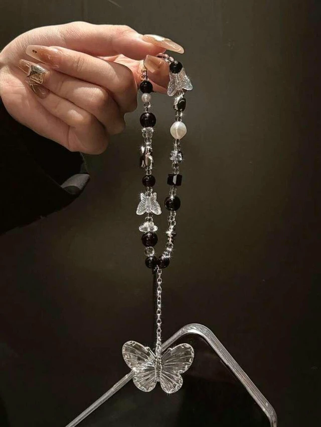 Alt view image 5 of 5 - Bks Black Agate Butterfly Crystal Phone Lanyard Faux Pearl Chain Anti-Lost Keychain Strap Compatible With Android iPhone Smartphone