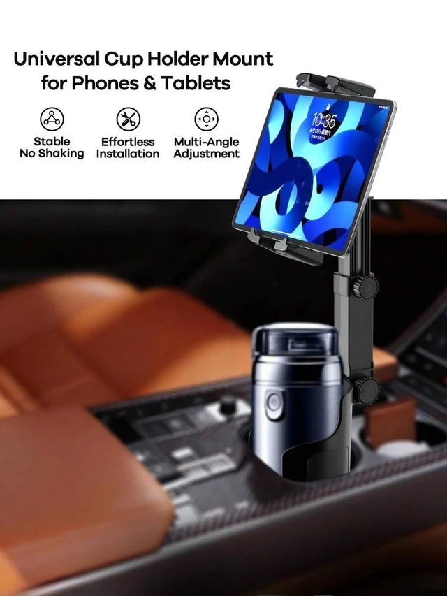 Main image of Bks Cup Holder Phone Mount for Car, Adjustable Height & Angle, 360 Rotation, Fits 4.7-9.4 Inch Devices, Non-Slip Base, Quick Install