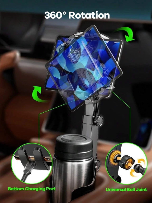 Alt view image 7 of 7 - Bks Cup Holder Phone Mount for Car, Adjustable Height & Angle, 360 Rotation, Fits 4.7-9.4 Inch Devices, Non-Slip Base, Quick Install