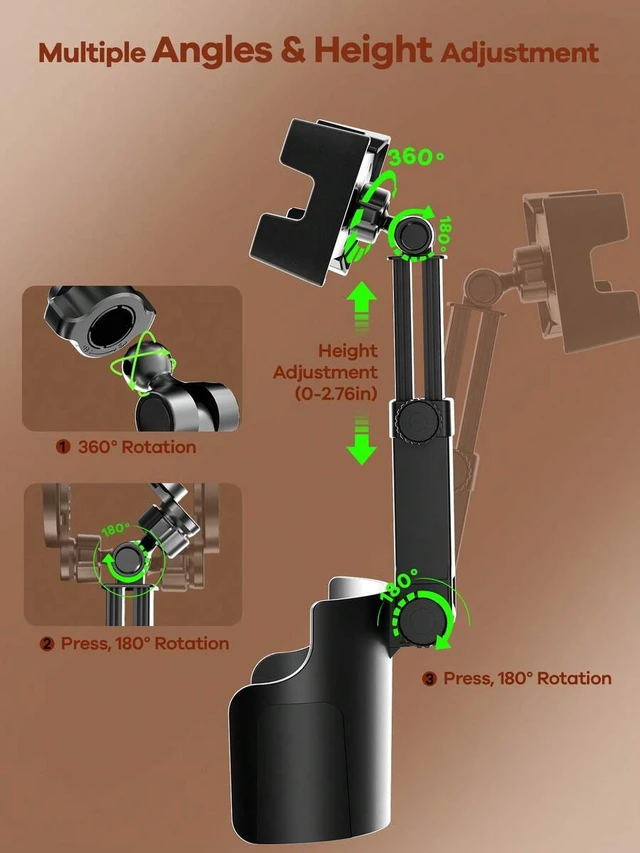 Alt view image 6 of 7 - Bks Cup Holder Phone Mount for Car, Adjustable Height & Angle, 360 Rotation, Fits 4.7-9.4 Inch Devices, Non-Slip Base, Quick Install