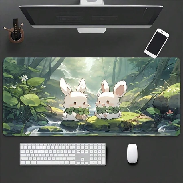Alt view image 2 of 6 - Bks Extra Large Gaming Desk Mat With Cute Anime Rabbit & Forest Night Scene - Non-Slip Rubber Base, Surface, Sewn Edges - Green Landscape Computer Keyboard & Mouse Pad For PC, Office, Home, Teens, Ani